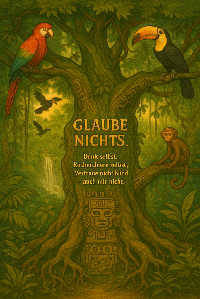 Illustration im Dschungelstil mit Affen, Tukanen, Wasserfall und der Botschaft: „Glaube nichts. Denk selbst.“ – für Mexidom Blog