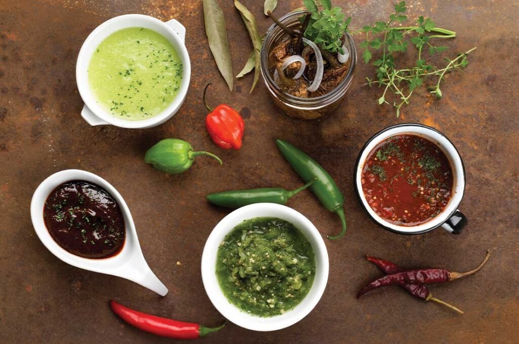 Verschiedene scharfe und milde Salsas aus Mexiko mit frischen Chilis und Kräutern