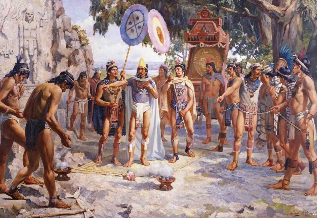 Montezuma II bei einer Zeremonie – Darstellung der Azteken Kultur Mexiko