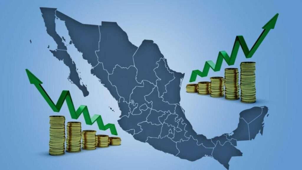 Darstellung des wirtschaftlichen Aufschwungs Mexikos mit Karte, Peso und Pfeil – Mexikos blühende Zukunft
