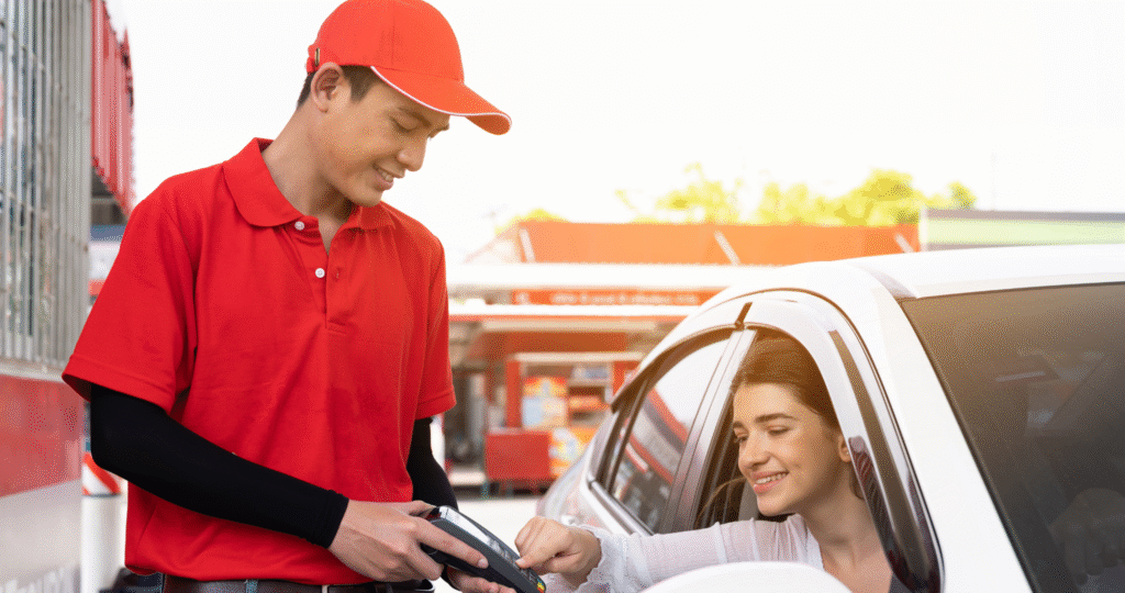 Eine junge Frau zahlt an der mexikanischen Tankstelle direkt vom Auto aus – ein typisches Beispiel für richtiges Verhalten in Mexiko.