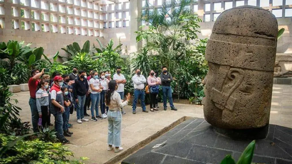 Besuchergruppe im anthropologischen Museum Xalapa vor einer Olmeken-Skulptur, kulturelle Hochburgen Mexikos