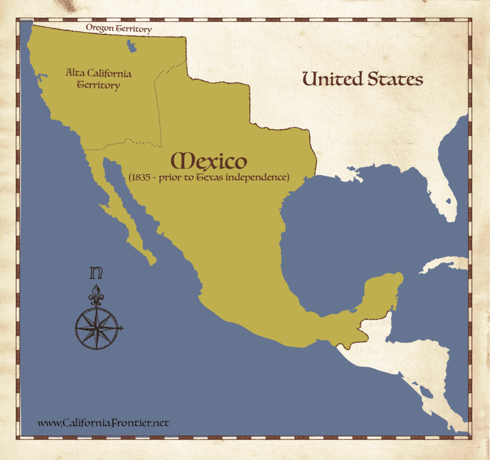 Historische Karte zur Geschichte Mexikos mit ursprünglichem Staatsgebiet im Jahr 1835 vor dem Verlust von Texas und Kalifornien.