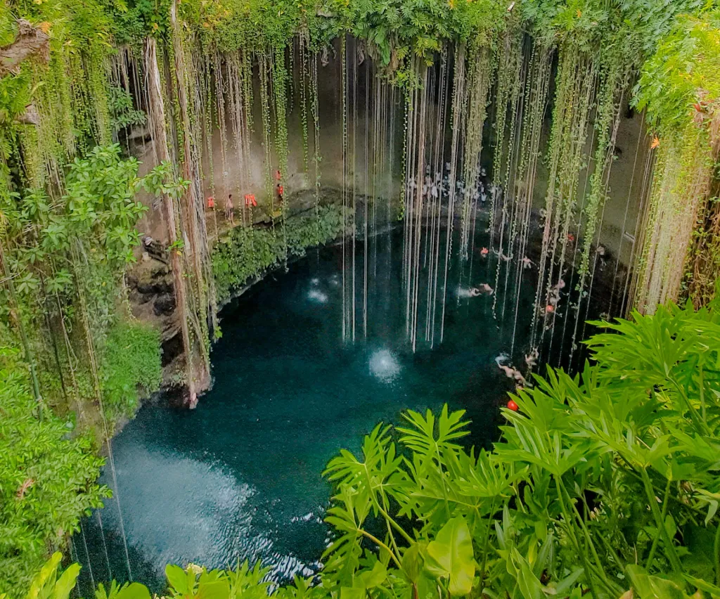 Die grün bewachsene Cenote Ik Kil in der Nähe von Chichen Itza mit Badenden