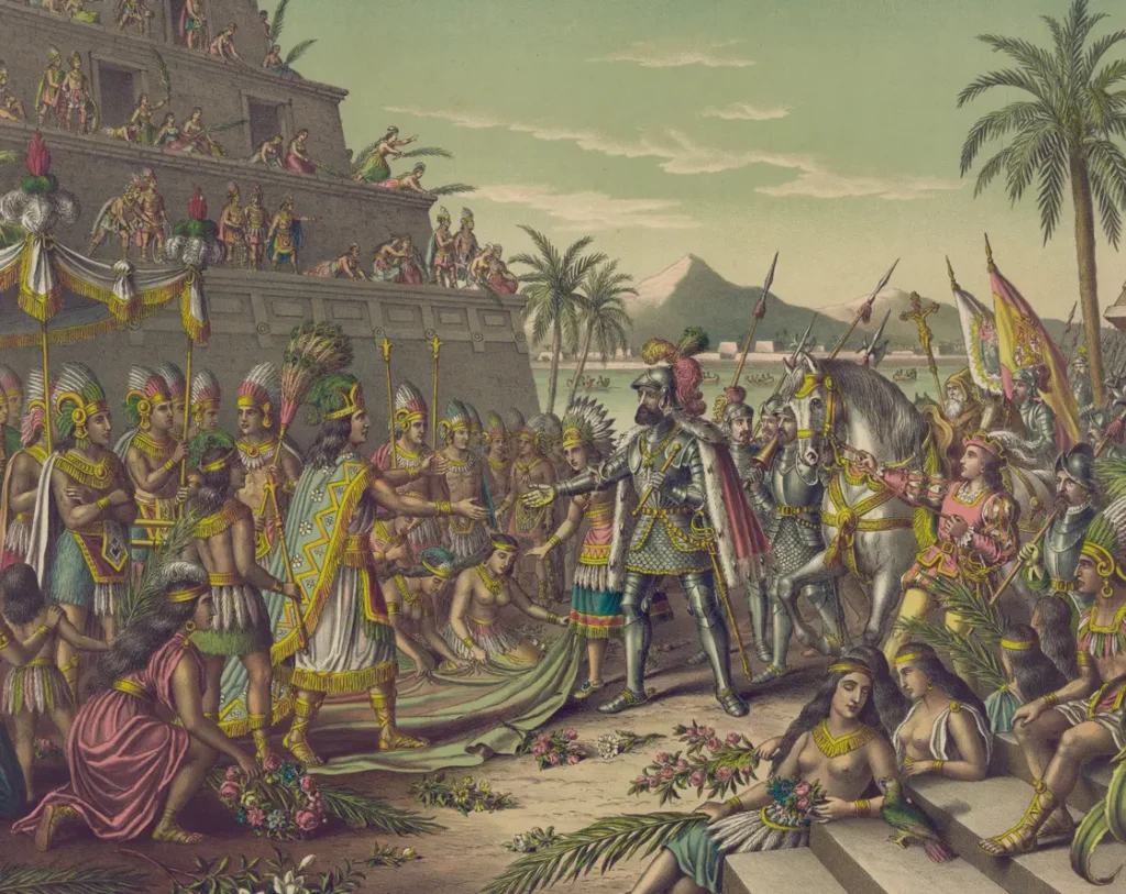 Hernán Cortés trifft auf Montezuma – symbolischer Moment in der Geschichte Mexikos während der spanischen Eroberung.