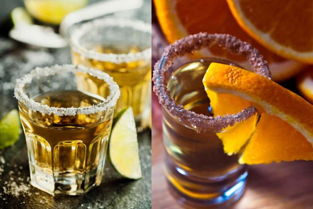 Unterschied zwischen Tequila und Mezcal beim Servieren mit Salzrand und Zitrus