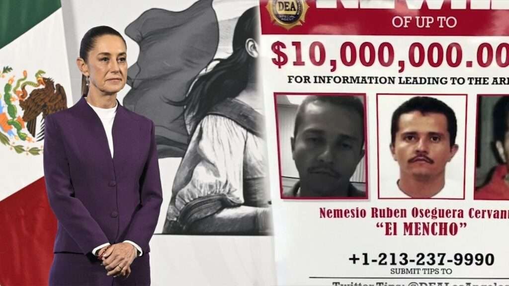 Mexikos Präsidentin Claudia Sheinbaum vor Fahndungsplakat von „El Mencho“ – politische Maßnahmen gegen die Drogenkartelle in Mexiko