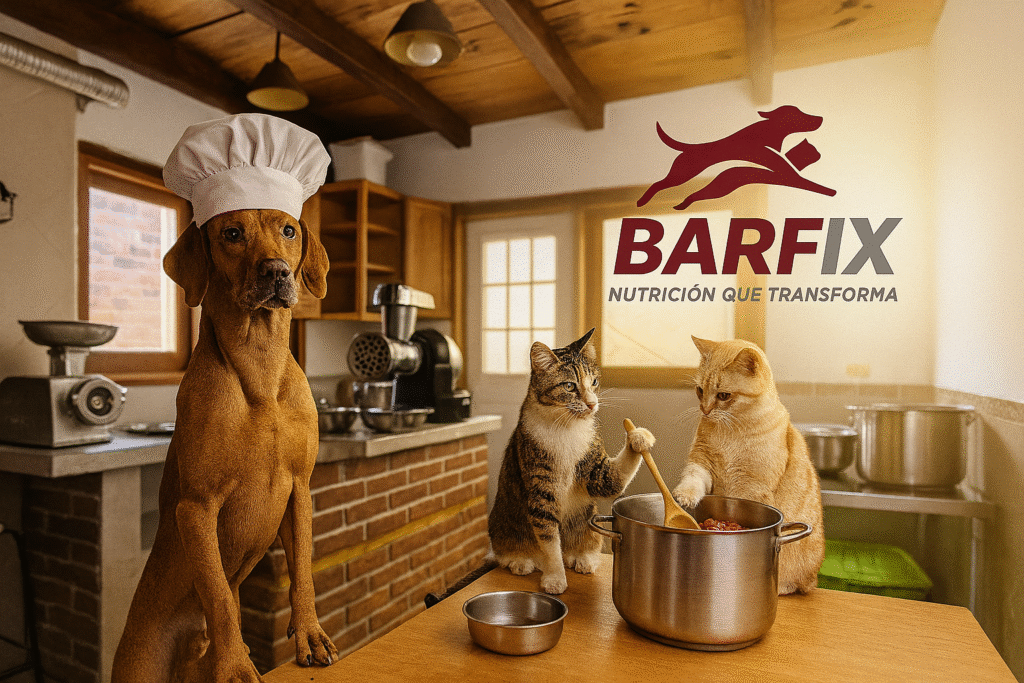 Ein Hund mit Kochmütze und zwei Katzen beim Zubereiten von BARF in einer Küche mit Fleischwolf – BARF in Mexiko von BARFix
