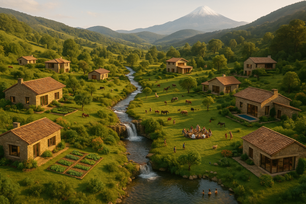 Hyperrealistisches Luftbild eines Gemeinschaftsprojekt in Mexiko mit Natursteinhäusern, Permakultur, Obstbäumen, Bach, Teich, Tieren und Menschen, die gemeinsam feiern.